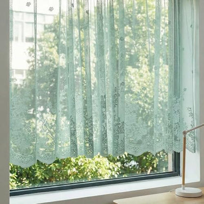 Molaxhome Kitchen Curtains Valance Blue Lace Floral Semi Sheer Curtain - color: Blue-green, size: 54"W x 35"L (Pack of 1)