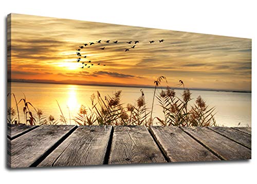 Wall Art Lake Sunset Canvas Art Autumn Nature Picture Dock Wooden Bridge Reeds Birds Flying Shore Dusk Contemporary Artwork for Bedroom Living Room Decoration Home Kitchen Office Wall Decor 29" x 58" - color: Sunset Lake, size: 58"L x 29"W