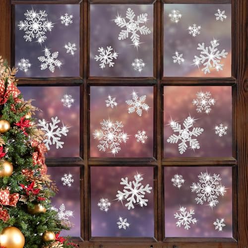 LUDILO 240Pcs Christmas Window Clings Glitter Snowflakes Window Decals - color: Glitter