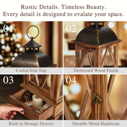 Decorative Wooden Candle Lanterns Set of 2, Rustic Farmhouse Indoor Outdoor