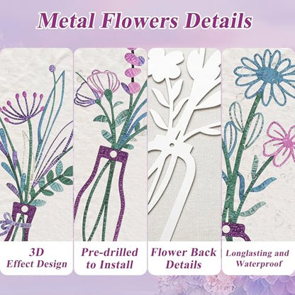 Embewhis Wall Decor Metal Flowers 3pcs, Rustic Farmhouse Flower Sculptures, 13.7" Wall Art Decor, Drill-Free Install Option for Living Room, Kitchen, Bedroom & Bathroom - size: D