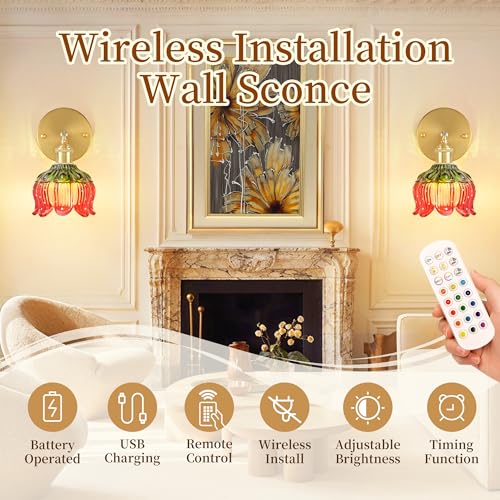 Battery Operated Wall Sconces Set of 2, Red Tulip Glass Wall Lights | Rechargeable flower wall lamps with remote control, 15 colors, 10-level dimming and timer for bedroom and living room - color: Red