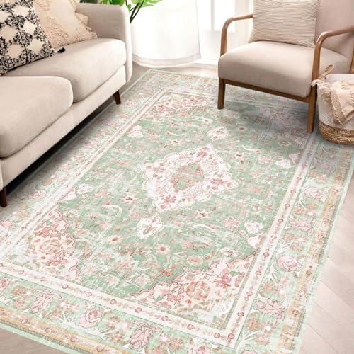 Vhong Washable Area Rugs Boho Vintage Modern Neutral Small Carpet Green and Pink High Traffic Rugs 4×6 for Dinning Room Living Room Bedroom Farmhouse Non Slip - color: Green/Pink, size: 6' x 4' (Rectangular)