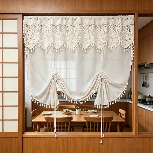 Boho Crochet Lace Tie Up Sheer Curtain Valance for Kitchen Windows - size: 35"W x 39"L (Pack of 1)