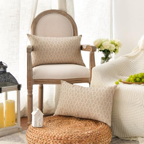 AVOIN colorlife Vintage Floral Boho Throw Pillow Covers Set of 2, 12 x 20 Inch Modern Farmhouse Bohemia Flowers Ivory Beige Cushion Case Decoration for Sofa Couch Living Room Bedroom - color: Ivory Beige, size: 20" x 12" (Pack of 2)