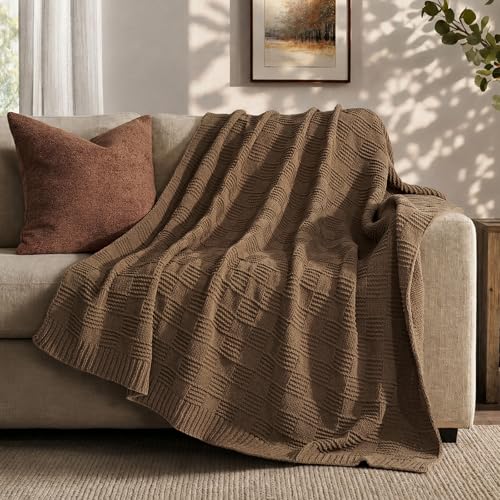 EVERGRACEHOME Modern Checkered Chenille Throw Blanket, 50x60, Camel Brown - color: Camel Brown, size: 50" X 60"