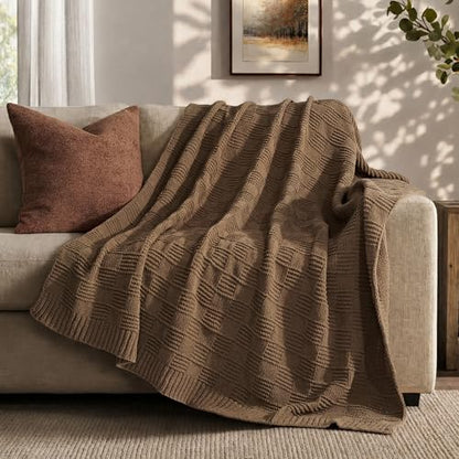 EVERGRACEHOME Modern Checkered Chenille Throw Blanket, 50x60, Camel Brown - color: Camel Brown, size: 50" X 60"