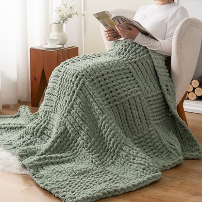 Chunky Knit Throw Blanket for Couch, Sage Green, 50"x60" - color: Sage Green