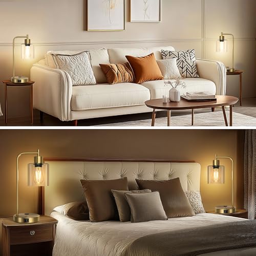QiMH Set of 2 Industrial Table Lamps, Glass Desk Lamp for Living Room - color: gold-2