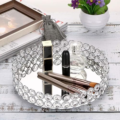 Hipiwe Crystal Make up Tray, Mirror Perfume Tray Bathroom Storage Trays Jewelry Trinket Trays Vanity Cosmetic Organizer Home Decor, Birthday Gift for Women(Round 9.8 Inch)