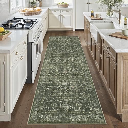 3x8 Washable Kitchen Runner Rug Non-Slip Boho Dark Green Throw Carpet - color: Dark Green, size: 3' x 8' (Runner)