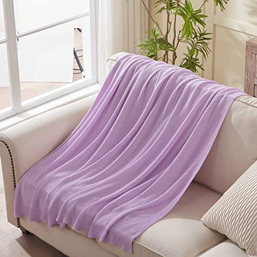 TREELY 100% Cotton Lavender Knitted Throw Blanket 50"x60" - color: Lavender, size: Throw(50" x 60")