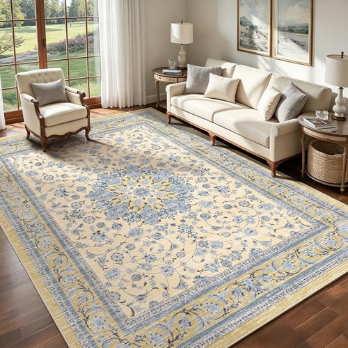 Arenarug 8x10 Rug for Living Room, Washable Non Slip Area Rugs Distressed Boho Floral Vintage Rug, Large Soft Low Pile Indoor Carpet for Bedroom, Dining Room, Home Office, Beige Blue - color: Beige Blue, size: 8' x 10' (Rectangular)
