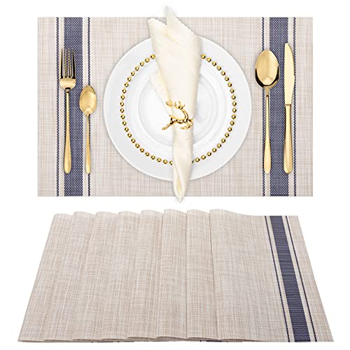 Winknowl Placemats Set of 8, Heat Resistant Non-Slip Vinyl Woven Table Mats for Dining Table, Washable Durable Elegant Place Mats for Kitchen Indoor/Outdoor Use (Beige Blue) - color: Beige Blue, size: Set of 8
