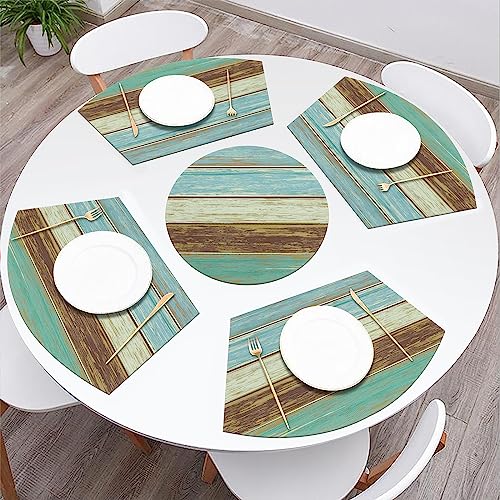 SHACOS Small Round Table Placemats Set of 5 Woven Vinyl Wedge Placemats with Centerpiece Round Table Mats Wipe Clean, Teal Brown Stripe Wood Board - color: Teal Brown