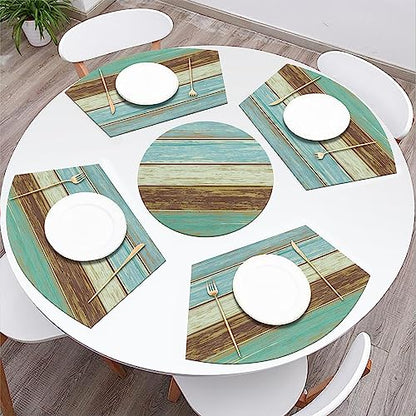 SHACOS Small Round Table Placemats Set of 5 Woven Vinyl Wedge Placemats with Centerpiece Round Table Mats Wipe Clean, Teal Brown Stripe Wood Board - color: Teal Brown