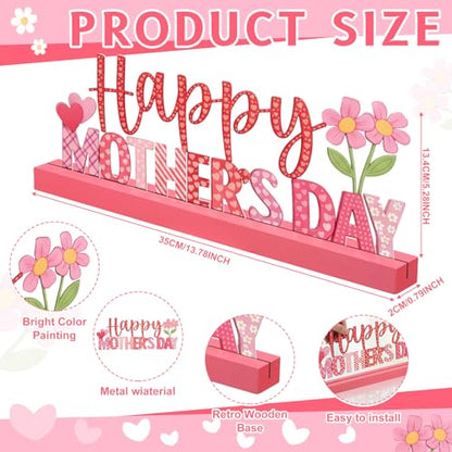 Yaocom 13.78 Inch Metal Happy Mothers Day Sign Mother's Day Table Decorations Holiday Tiered Tray Letter Sign Mom Table Centerpiece with Wooden Base for Home Shelf Mantel Office Kitchen Party Decor - style: Mothers Day