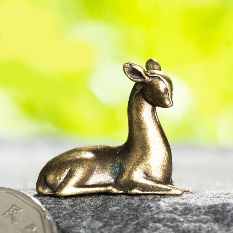 2PC Handcrafted Brass Deer Statues, Small Collectible Decorative Animal Sculptures for Miniature Indoor Decor