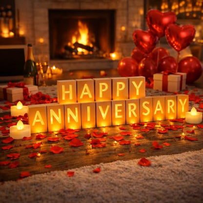 Happy Anniversary Light Up Letters, Include Light up Letters, with Tea Lights Candles, Latex Balloons, Aluminum Balloons and Rose Petals, Anniversary and Valentines' Day Decorations - style: Happy Anniversary
