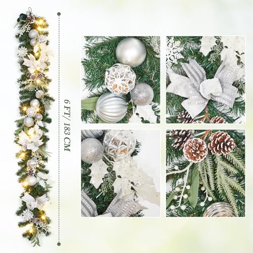 LinTimes 6 FT Pre-Lit Christmas Garland, Silver Lighted Xmas Garland with 20 LED Lights with Timer for Mantle Staircase Table, Winter Garland with Ribbon, Xmas Balls, Snowflake, Battery Operated