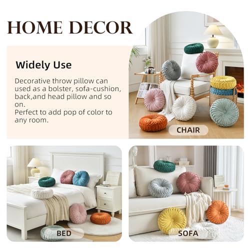 Teieas Round Throw Pillow Velvet Pleated Round Pillow Cushion - color: Beige