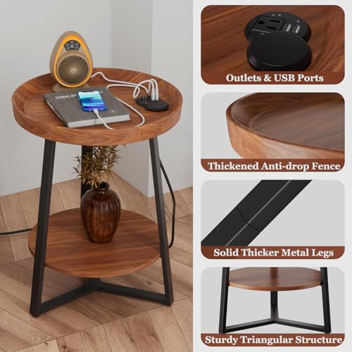 Gadroad Round End Table with Charging Station, Brown - color: Brown, size: 15.75"D x 15.75"W x 23"H (with Charging Station)