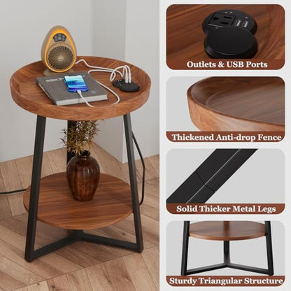 Gadroad Round End Table with Charging Station, Brown - color: Brown, size: 15.75"D x 15.75"W x 23"H (with Charging Station)