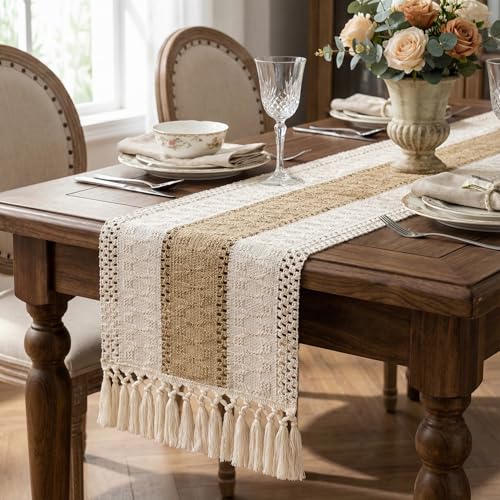 Boho Macrame Table Runner with Tassels 90in Brown Farmhouse Runner - color: White & Brown, size: 12'' x 90''
