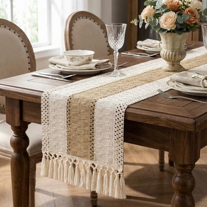Boho Macrame Table Runner with Tassels 90in Brown Farmhouse Runner - color: White & Brown, size: 12'' x 90''