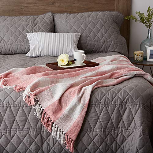 DII Buffalo Check Collection Rustic Farmhouse Throw Blanket with Tassles, 50x60, Pink/White - color: Pink/White, size: 50x60"