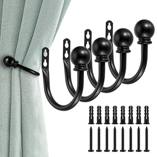 Sumnacon Set of 4 Decorative Curtain Holdbacks, Wall Mounted Aluminum Alloy Window Drapery Tiebacks for Bedroom, Livingroom Office Come with Screws, Black - color: Black