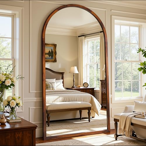 Full Length Mirror 76"×41" Floor Mirror Standing Tall Mirror, Arched Stand up Large Wall Mirrors, Freestanding Full Body Mirrors for Bedroom Living Room Wood Antique Style Walnut - color: Walnut, size: 76"L x 41"W, style: Antique