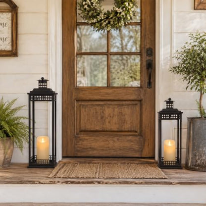 Large Lanterns Decorative Indoor, 2 Pcs Black Floor Lanterns with Candles - size: 23in and 17in