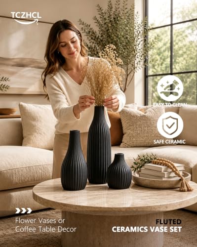 Minimal Line Black Ceramic Vase Set of 3, Matte Decorative Flower Vases - color: Black