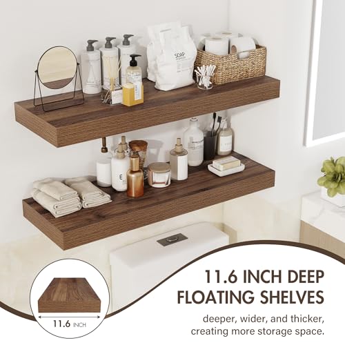 Acovy 72 Inch Floating Shelves, 12" Deep Floating Shelf Wall Mounted, 72" Wall Shelves, Rustic Deep Bookshelf, Extra Deeper & Thicker Display Shelves for Bedroom, Living Room, Walnut, Set of 1 - color: Walnut, size: 12"Wx72"L-1pc
