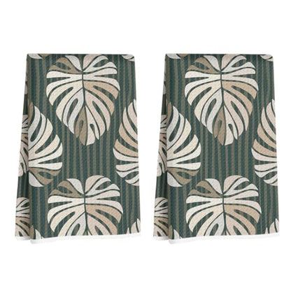2 Pcs Tropical Palm Leaf Kitchen Towels, Green Stripe Decorative Dish Towel - color: Multi 1396