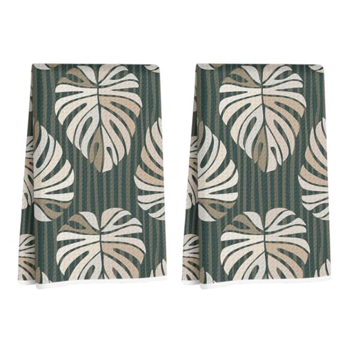 2 Pcs Tropical Palm Leaf Kitchen Towels, Green Stripe Decorative Dish Towel - color: Multi 1396