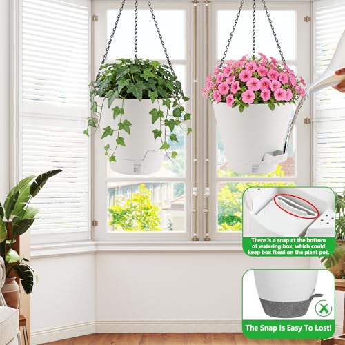 8 Inch Hanging Planters Indoor Outdoor, 3 Pack Plastic Self Watering Plant Pots with Drainage Holes & Saucers, Hanging Baskets Flower Pots with Chain for Ivy, Spider Plant, Pothos, Ferns - color: White