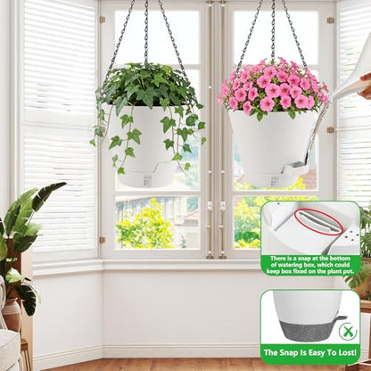 8 Inch Hanging Planters Indoor Outdoor, 3 Pack Plastic Self Watering Plant Pots with Drainage Holes & Saucers, Hanging Baskets Flower Pots with Chain for Ivy, Spider Plant, Pothos, Ferns - color: White
