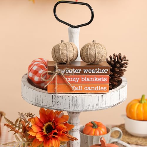 Fall Tiered Tray Decor, Wood Book Stack with Maple Leaves & Pumpkins - color: Book & Linen Pumpkin