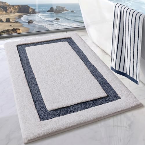 LUMI Bathroom Rug, Non Slip Absorbent Bath Mat, White Blue, 24"x36" - color: White+blue, size: 24"x36"