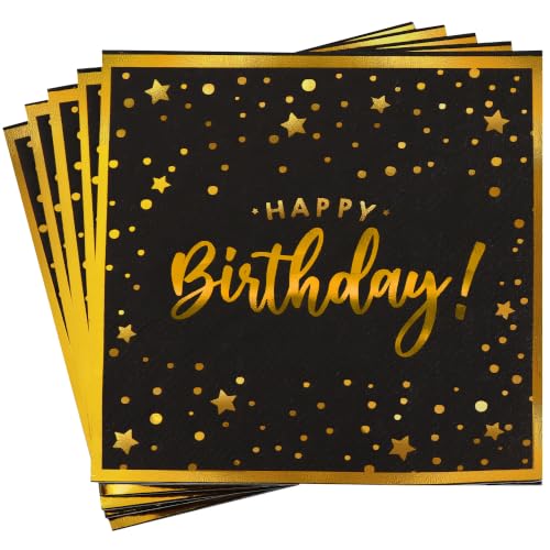 Vuzvuv 52 Pack Happy Birthday Cocktail Napkins with Confetti Gold Stamping - Birthday Party Dinner Hand Napkin for Party Supplies Decorations Table Decor for women man(5" Folded 3 Ply-Black) - color: Confetti HBD Black