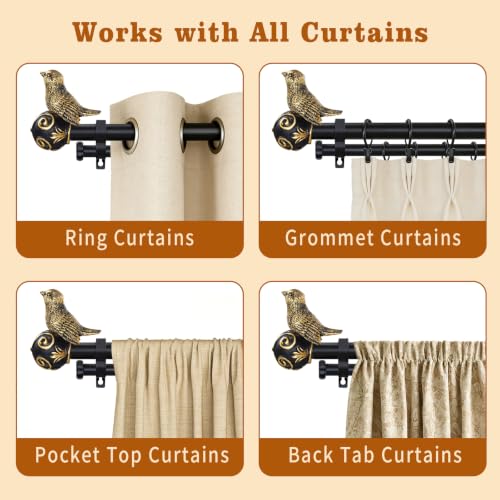Double Curtain Rods for Windows 28-48 Inch, Gold Bird Finials - size: 28-48