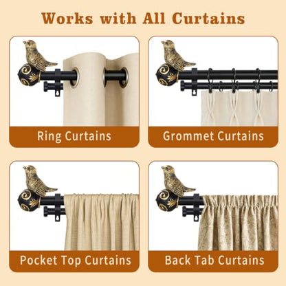 Double Curtain Rods for Windows 48-84 Inch, Gold Bird Finials - size: 48-84
