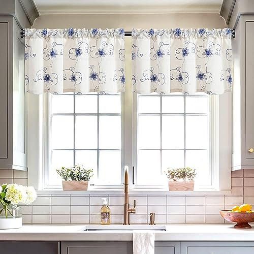 VOGOL Blue Flower Embroidered Kitchen Valance, 42 x 18 Inches - color: Hy-blue, size: 42"W x 18"L (Pack of 1)