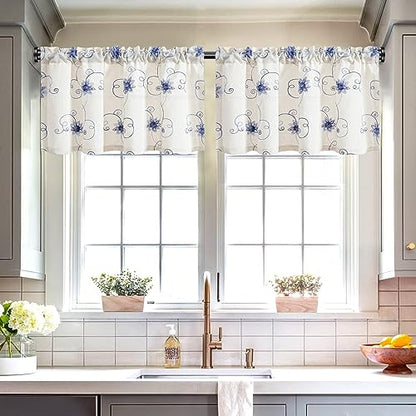VOGOL Blue Flower Embroidered Kitchen Valance, 42 x 18 Inches - color: Hy-blue, size: 42"W x 18"L (Pack of 1)