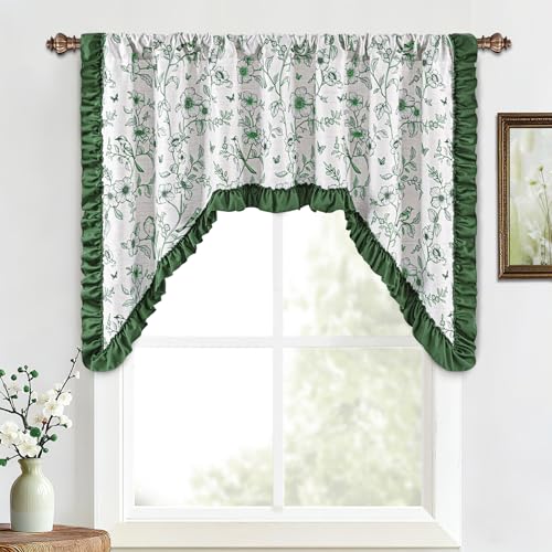 Yinhua Floral Valances for Windows, French Country Ruffle Swag Curtains, Linen Light Filtering Window Valances Rod Pocket Kitchen Curtains Valance for Living Room, 60" W x 36" L, 1 Panel, Green - color: Green, size: 60"W x 36"L (Pack of 1)