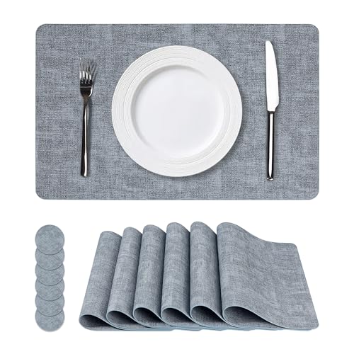NCUE Vinyl Placemats Set of 6, 17"x12" Wipeable Place Mats with Coasters - color: Light Blue, size: Set of 6