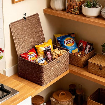 Nonam Large Wicker Basket with Lid,Seagrass Shelf Storage Basket,Coffee - color: XXL-Coffee