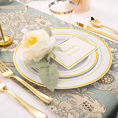 WELLIFE 210 Piece Gold Plastic Dinnerware Set, Include: 30 Dinner Plates, 30 Dessert Plates, 30 Pre Rolled Napkins with Silverware and 30 Cups - color: Gold, style: 210PCS（30 Guests）